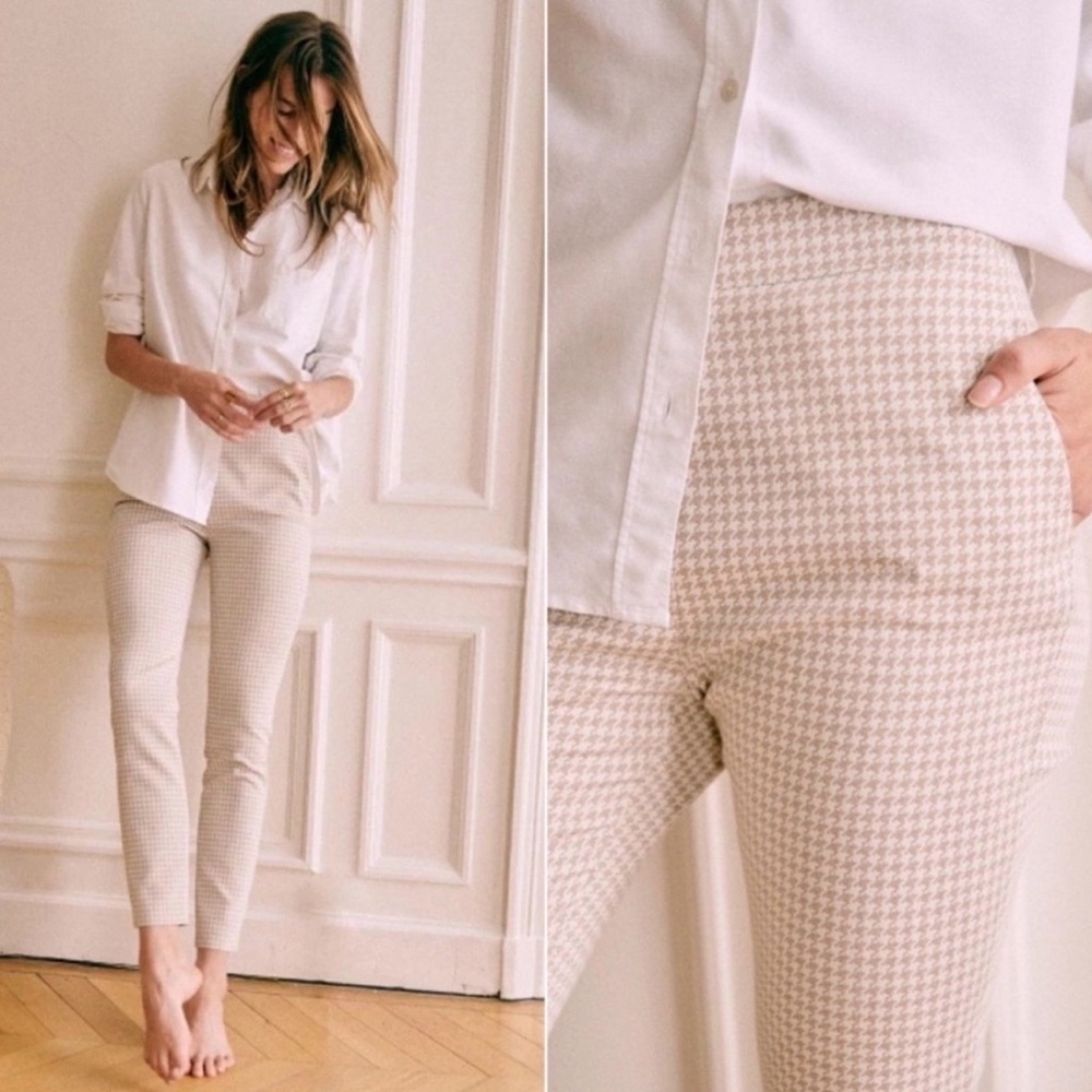 NWT SEZANE Clara Gingham Trouser Pants Camel Ecru Beige Herringbone size 34 US 2